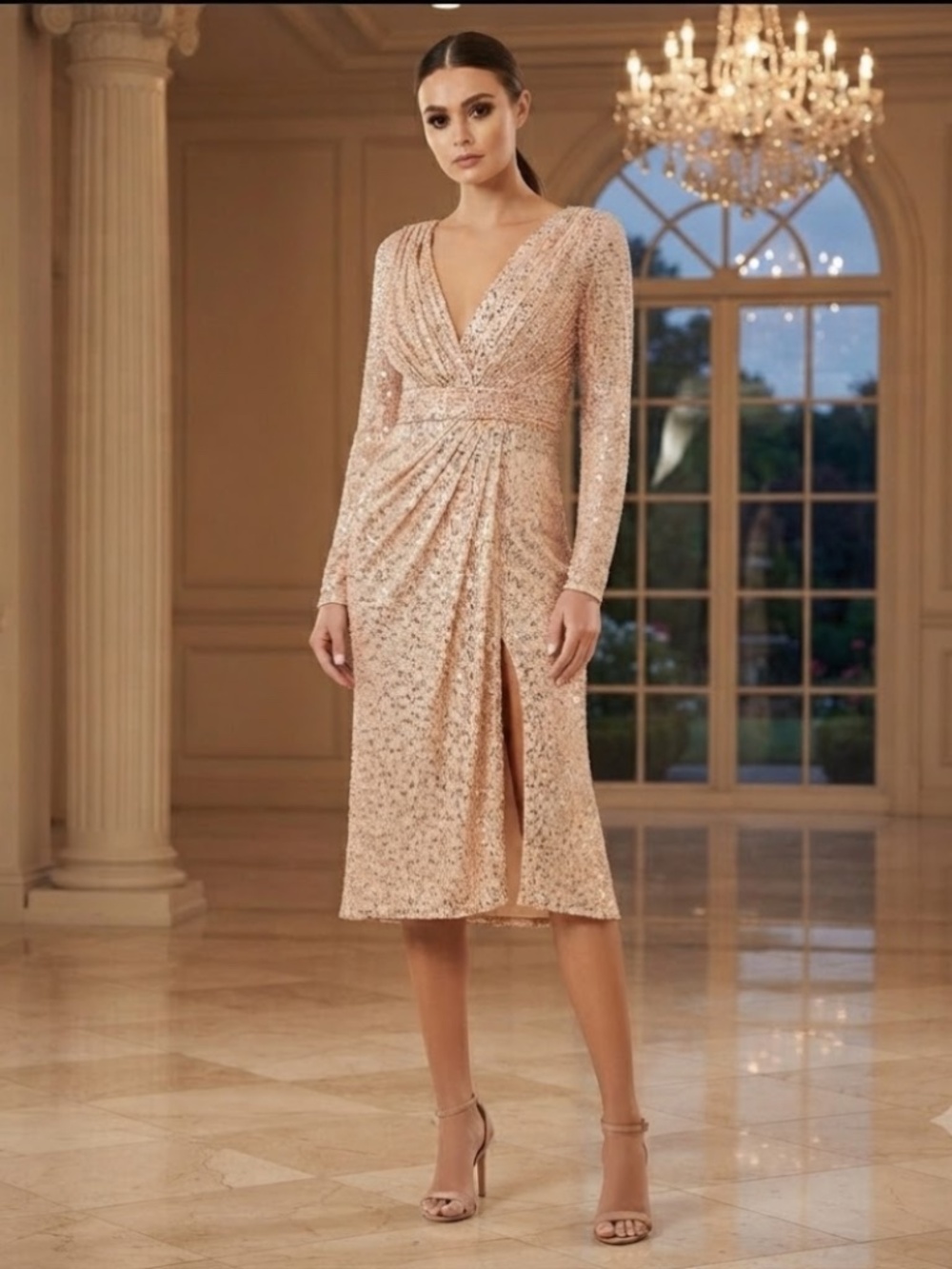 IEENA FOR MAC DUGGAL: Long Sleeve Sequined Midi Dress (NWT)